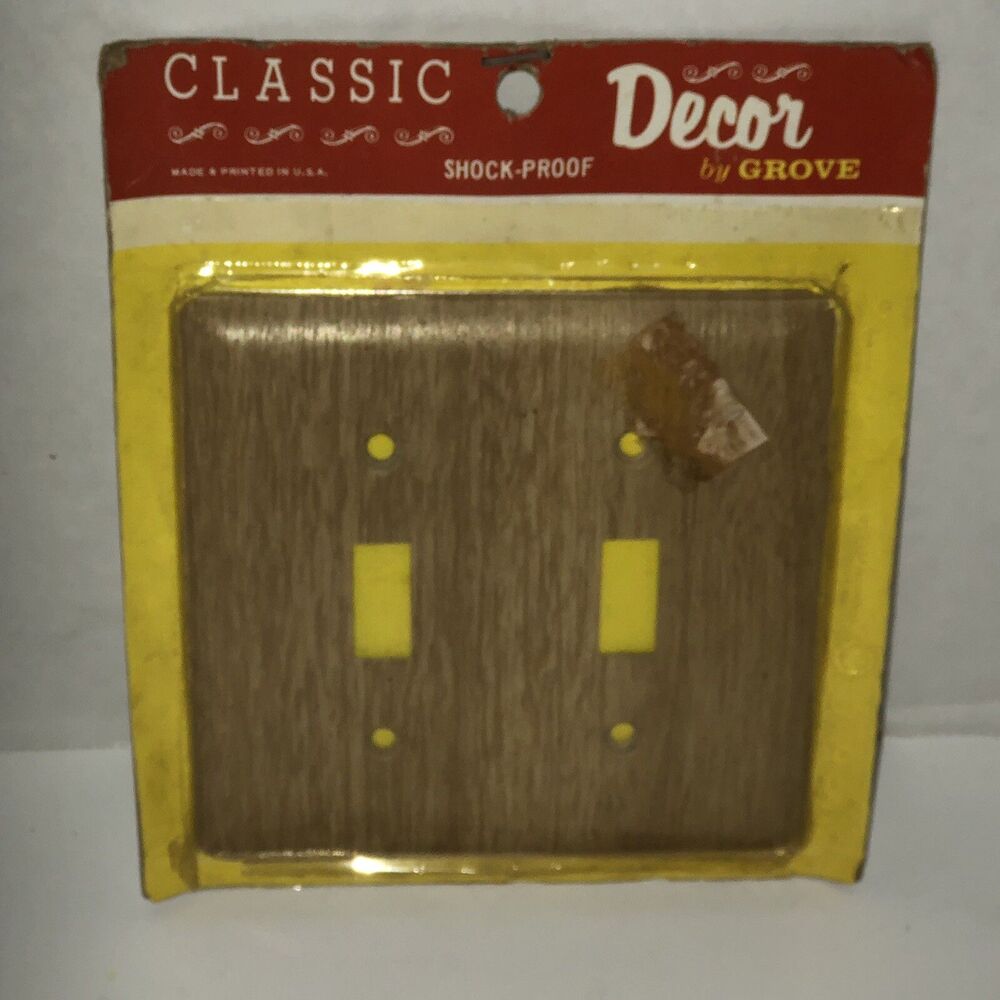 Vintage 60s GROVE Wood Grain Metal USA Double Light Switch Cover Wallplate NOS